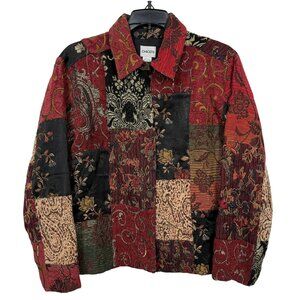 Chicos Jacket Size 1 US Medium Red Multicolor Tapestry Patchwork Victorian